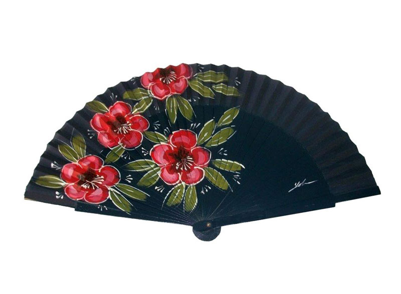 Black sycamore wood fan with painted flowers on one side
